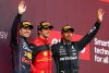 NORTHAMPTON, ENGLAND - JULY 03: Race winner Carlos Sainz of Spain and Ferrari, Second placed Sergio Perez of Mexico and Oracle Red Bull Racing and Third placed Lewis Hamilton of Great Britain and Mercedes celebrate on the podium during the F1 Grand Prix of Great Britain at Silverstone on July 03, 2022 in Northampton, England. (Photo by Clive Rose/Getty Images) // Getty Images / Red Bull Content Pool // SI202207030505 // Usage for editorial use only //